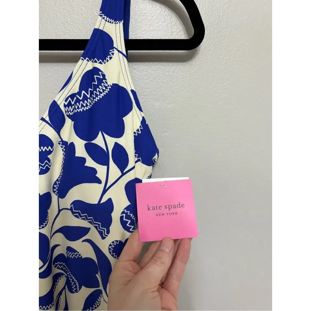 NEW Kate Spade Zigzag Blue and White Floral Bow-Strap V-Neck One-Piece - Size L